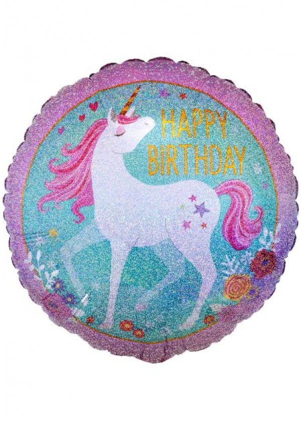 18" Round BDAY Holographic Unicorn